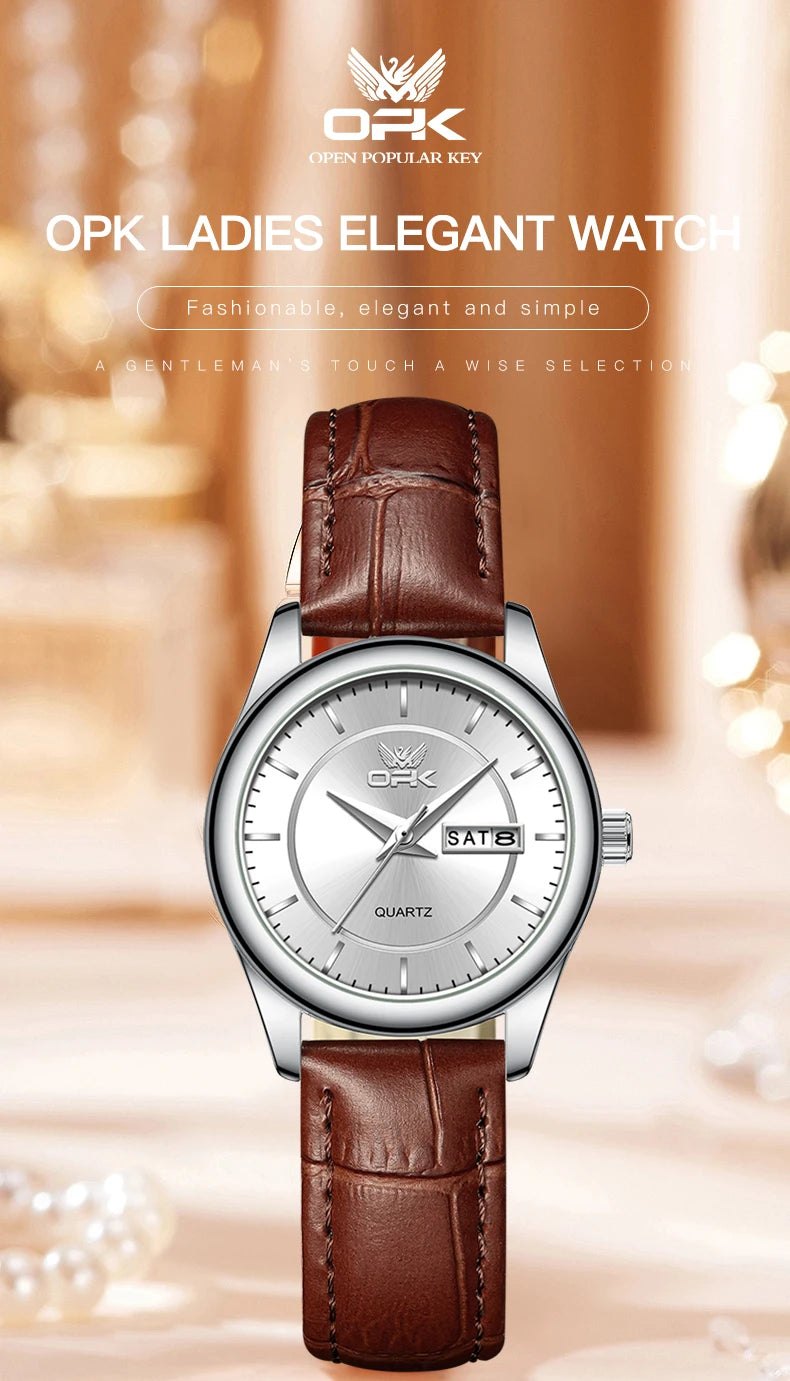 OPK Brand Women's Watch Fashion Double Calendar Quartz Waterproof Night Light 6002