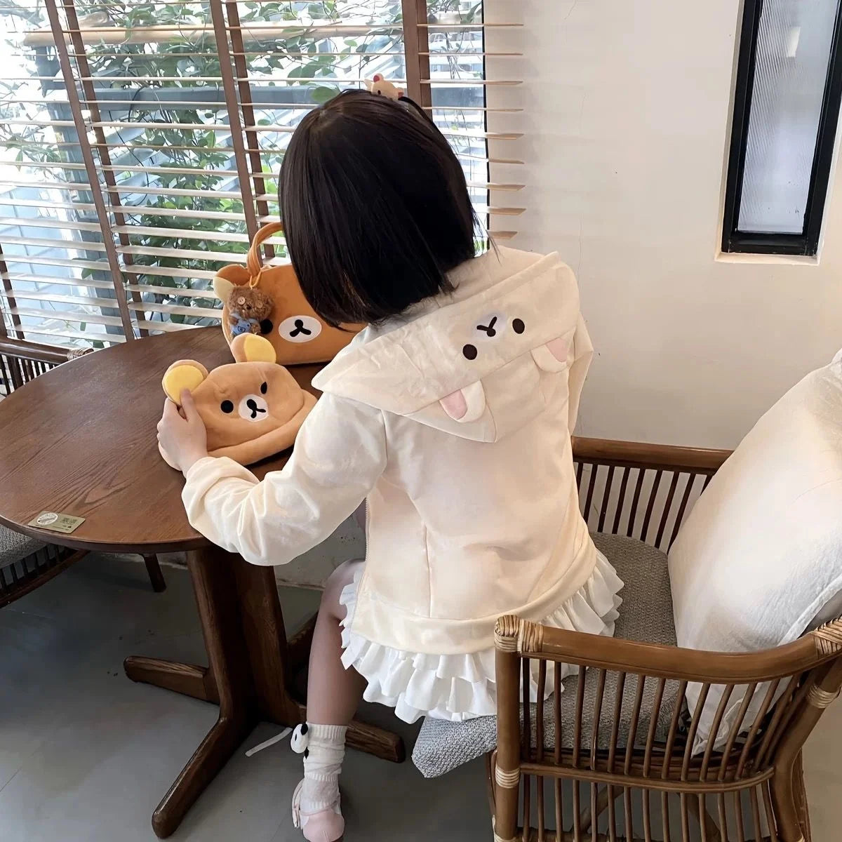 Cute Cartoon Hoodie Rilakkumaed Zip-up Hoodie Teddy Bear Ears Long Sleeve Jacket Fashion Women's Casual Cardigan Cotton Clothing