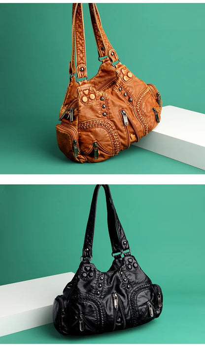 Black Y2k Women Shoulder Bag Vintage Punk Goth Fashion Designer Pu Leather Tote Bag Large Capacity Rivet Motorcycle Handbag