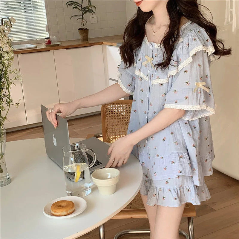 Summer New Women's Princess Style Sweet Pajamas Homewear Set Girls Lace Small Floral Summer Short-Sleeved Shorts Loose Pajamas