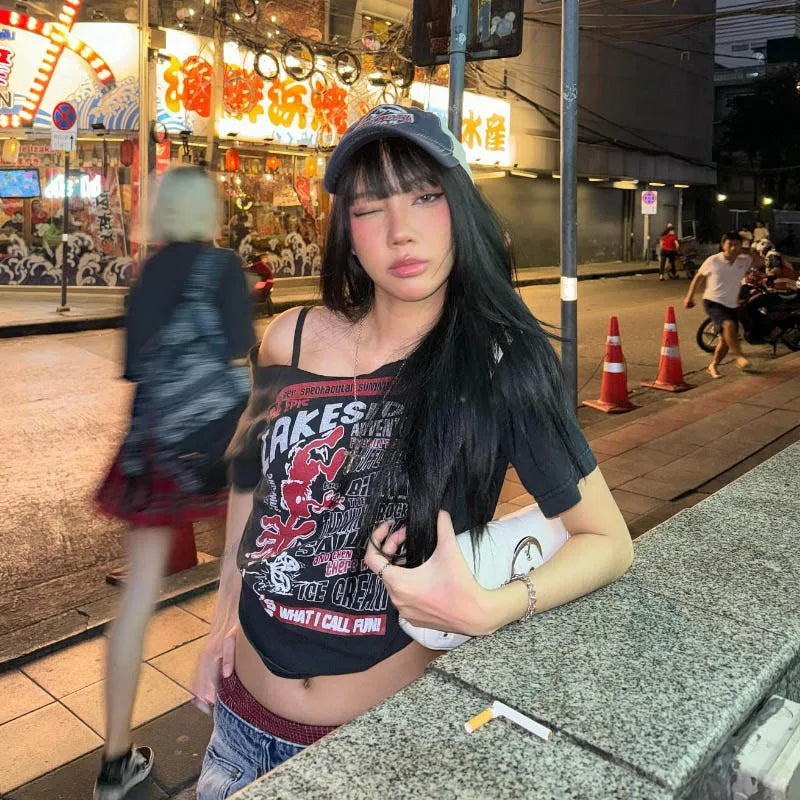 Gothic Tee Y2k Letter Print Off Shoulder Punk T-shirts Women Harajuku Summer Streetwear Grunge T Shirt Aesthetic Sexy Crop Tops