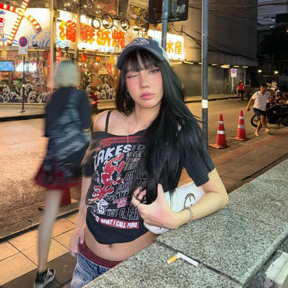 Gothic Tee Y2k Letter Print Off Shoulder Punk T-shirts Women Harajuku Summer Streetwear Grunge T Shirt Aesthetic Sexy Crop Tops