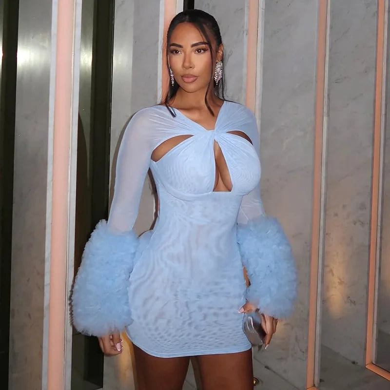 2025 Autumn Furry Patchwork Dress Women See Through Full Sleeve Sexy Hollow Cross Elegant Luxury Banquet Birthday Party Clubwear Badiee Stylez