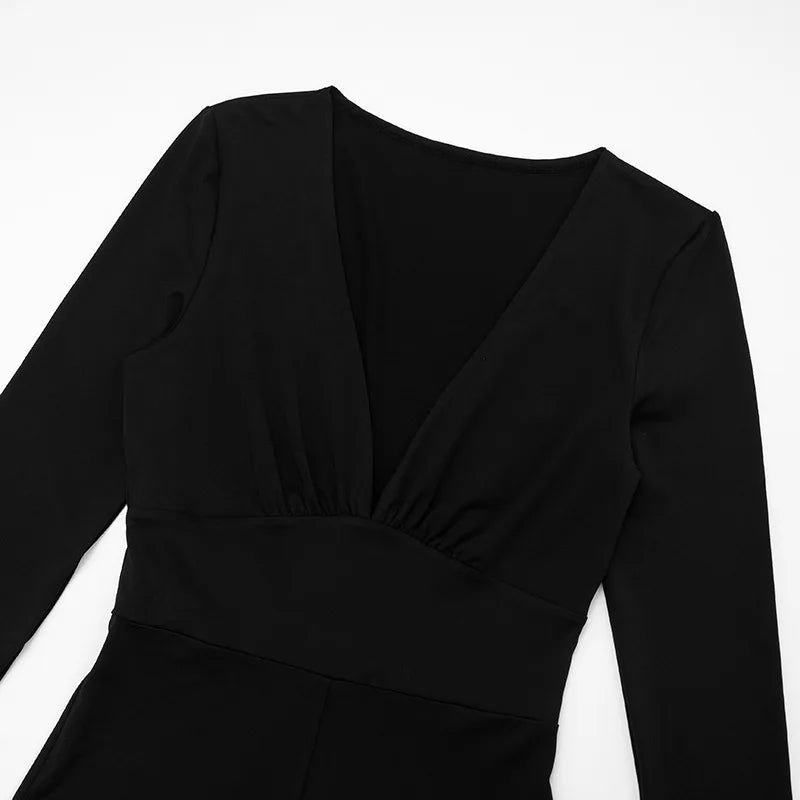 2025 Women Autumn Black Long Sleeve V Neck Jumpsuits Streetwear Bodycon Sexy Sporty Casual Rompers Fashion Overall Body Tops Badiee Stylez