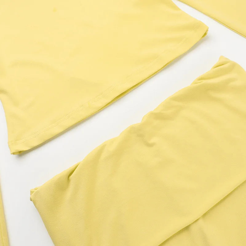 Fashion Soild Women's Set Long Sleeve Yellow U Neck Shirt and Flared Pants 2024 Elegant Tracksuits Two 2 Piece Set Outfits