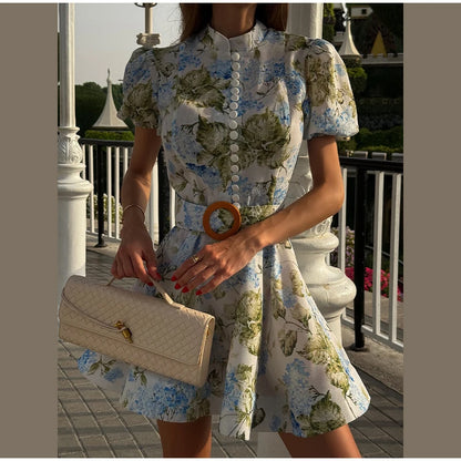 Women Floral A-line Mini Dress Short Sleeve Button-front Stand Collar Belted 2025 Summer Elegant Vestido Ladies Chic Party Dress