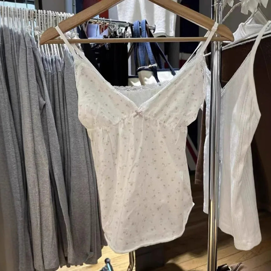 Floral Print Bow V Neck Camis Women Chic Lace Trim Sleeveless Slim Crop Tops Vest Sweet Casual Fashion Raw Hem Tank Top Y2k New