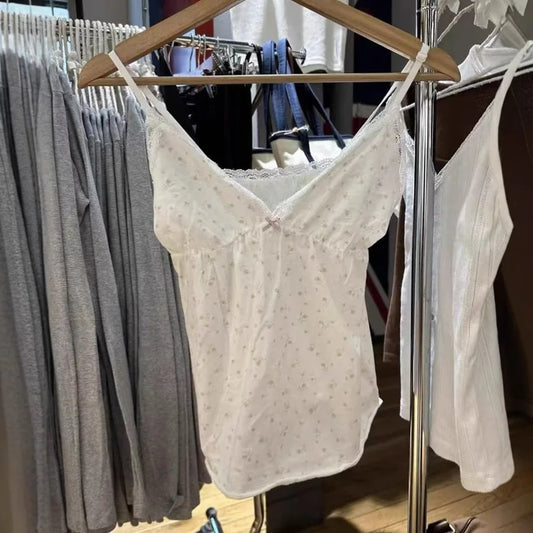 Floral Print Bow V Neck Camis Women Chic Lace Trim Sleeveless Slim Crop Tops Vest Sweet Casual Fashion Raw Hem Tank Top Y2k New