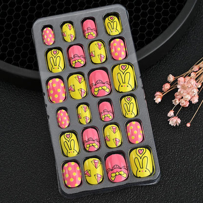 24Pcs Children Cartoon Nail Tips Colorful Cute Rabbit Pink Stars 6-14 Years old Girl Fake Nail With Jelly Glue Kids False Nail TD060-13