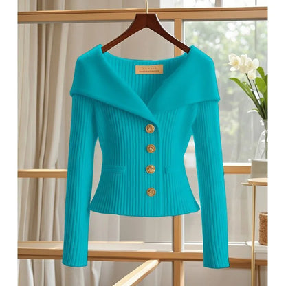 2025 New Women Cardigan Sweater High Quality High-end chic Long Sleeve Knitwear Autumn Winter Female Clothes Sweater Jacket Blue CHINA