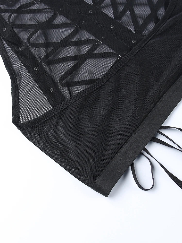 Gothic Punk Ring Halter Top Bodycon Lace Up Crop Bandage Tank Tops Y2k Mesh T Shirt Exotic Vest Sexy Hollow Out Backless Caims