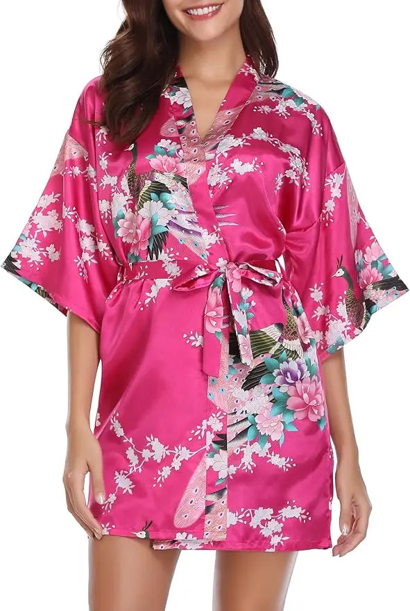 Womens Kimono Robes Dressing Gown Satin Bathrobe Nightdress Short Style Bridal Robe As the photo show 14