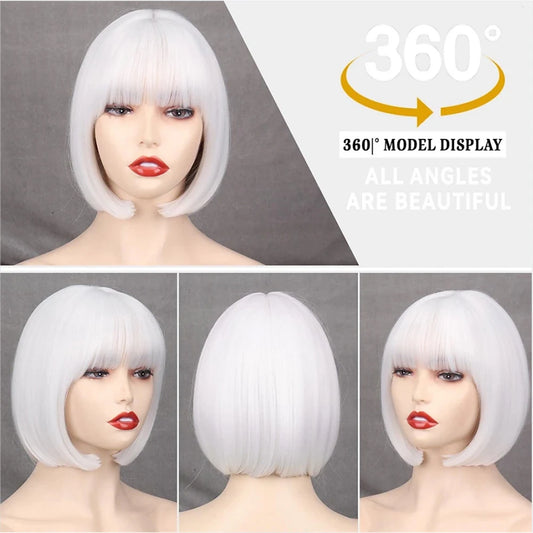 HAIRJOY Women Short Straight White Bob Wig with Bangs Synthetic Hair for Daily Party Cosplay Halloween