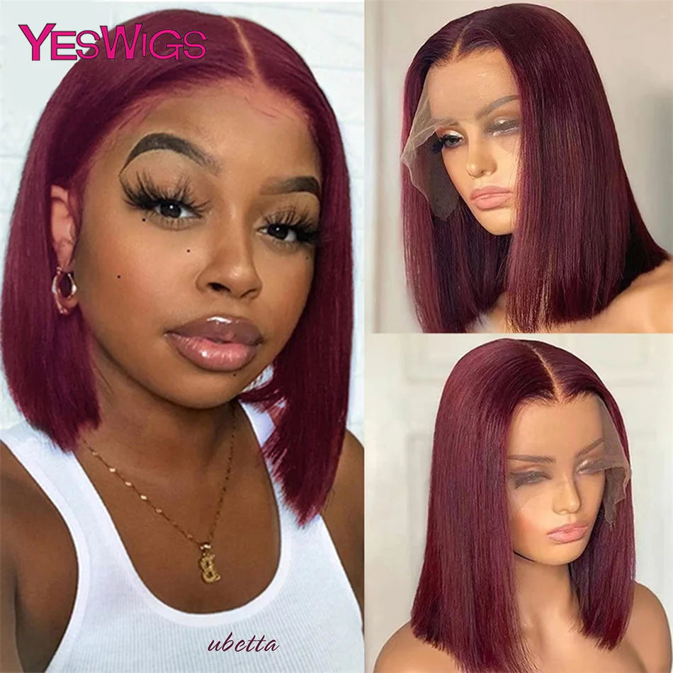 Short Bob Wig Hot Red Burgundy 99j Colored Brown Lace Front Human Hair Wigs Bone Straight Bob Wig Lace Frontal Wigs For Women - Badiee Stylez