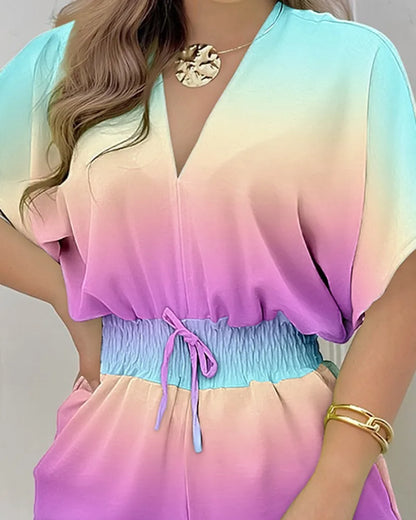 Jumpsuit Women Summer Women Loose Casual Printing Jumpsuit 2024Elegant Women Fashion V-neck Short Sleeve Waist Shorts Jumpsuit