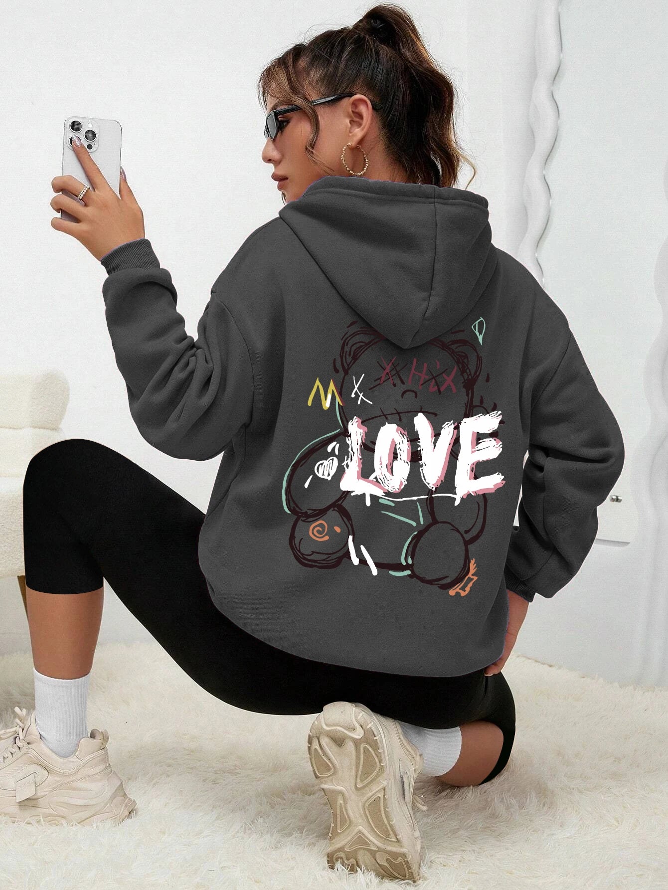 Graffiti Line Bear Simple Print Female Hoody Harajuku S-Xxl Sweatshirt Fashion Casual Street Hooded Autumn Warm Streetwear Women Dark Gray