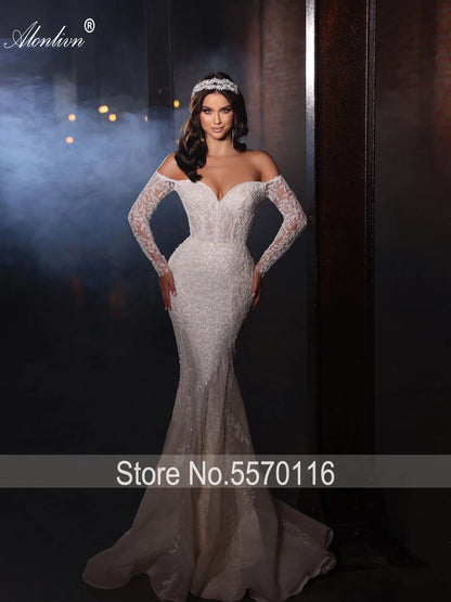 Alonlivn Luxurious Embroidery 2 In 1 Mermaid  Bridal Gown Beading Appliques Lace Off Shoulder Sleeves Sweetheart Wedding Dress Badiee Stylez