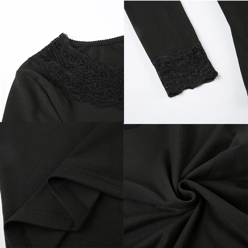 Cuteandpsycho Lace Patchwork Solid Slim Tee Shirts Long Sleeves V-neck Aesthetic Fashion Clothes Vintage Streetwear Black Tops
