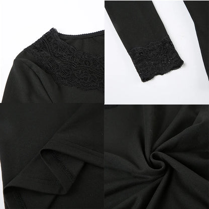 Cuteandpsycho Lace Patchwork Solid Slim Tee Shirts Long Sleeves V-neck Aesthetic Fashion Clothes Vintage Streetwear Black Tops