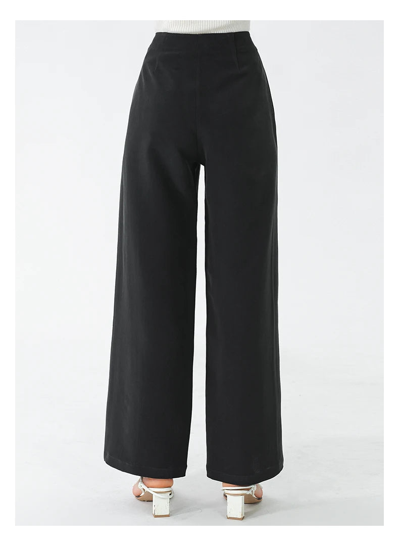 VOA Black 45 Momme Heavyweight Silk Natural Waist Trousers Asymmetrical Ruffle Office Ladies Straight Suit Wide Leg Pants KE797 Badiee Stylez