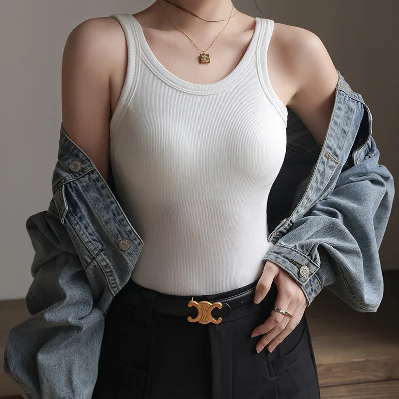 2025 Summer Women Strappy Tank Top Built-in Bra Seamless Wirefree Push Up Y2K Fashion Tube Top Innerwear Outerwear Hot Selling White