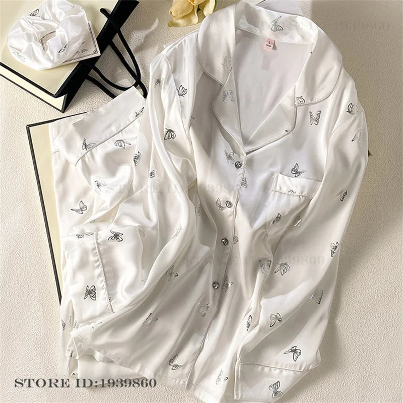 Women Long Sleeve Pajamas 2PCS Set Spring Summer New Sleepwear Loungewear Fashion Stripes Pyjama Pour Femme Loose Satin Homewear White Pajamas 12