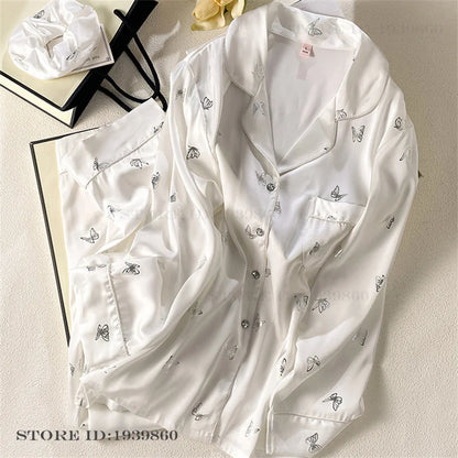 Women Long Sleeve Pajamas 2PCS Set Spring Summer New Sleepwear Loungewear Fashion Stripes Pyjama Pour Femme Loose Satin Homewear White Pajamas 12