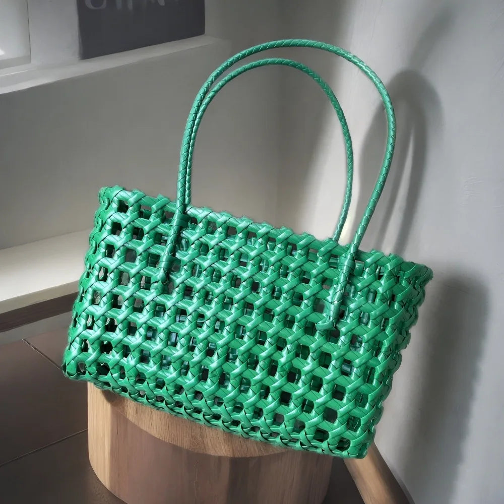 Plastic Hollow Weave Bag Countryside Style Bohemian Style Beach Tote Bag Large Capacity Bucket Bag Vegetable Basket Bag