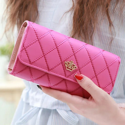 Black Long Wallets for Women PU Leather Diamond Pattern Purse Card Holder Crown Buckle Ladies Phone Bag Fashion Clutch Bag Rose red
