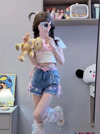 Women's Denim Shorts Strap Cute High Waist Bow Kawaii Female Short Jeans Pants Elegant New in To Wear Stretchy Trend 2025 Casual