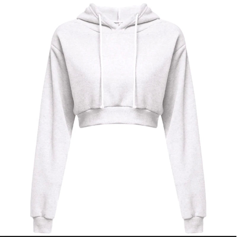 New Fashion Women Hoodie Sweatshirt Short Top Coat Sport Pullover Hooded Tops Female Autumn Winter Clothes Crop Top Hoodie WHITE