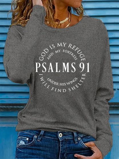 Spring and Autumn Women's 100% Cotton Fashion Casual Loose Inspirational Palms 91 Verseprint Round Neck Long Sleeve T-shirt