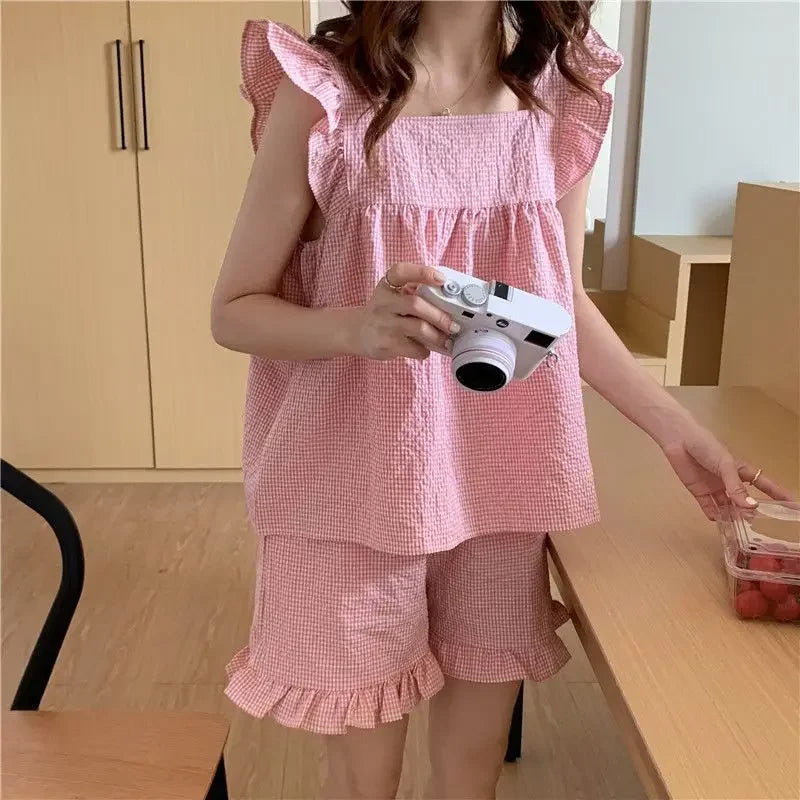 Fly Sleeve Sleepwear Women Pajamas Shorts Set Plaid Korean Kawaii Pijama Night Wear Ruffles Summer Home Suit Cute Sleeping 2024