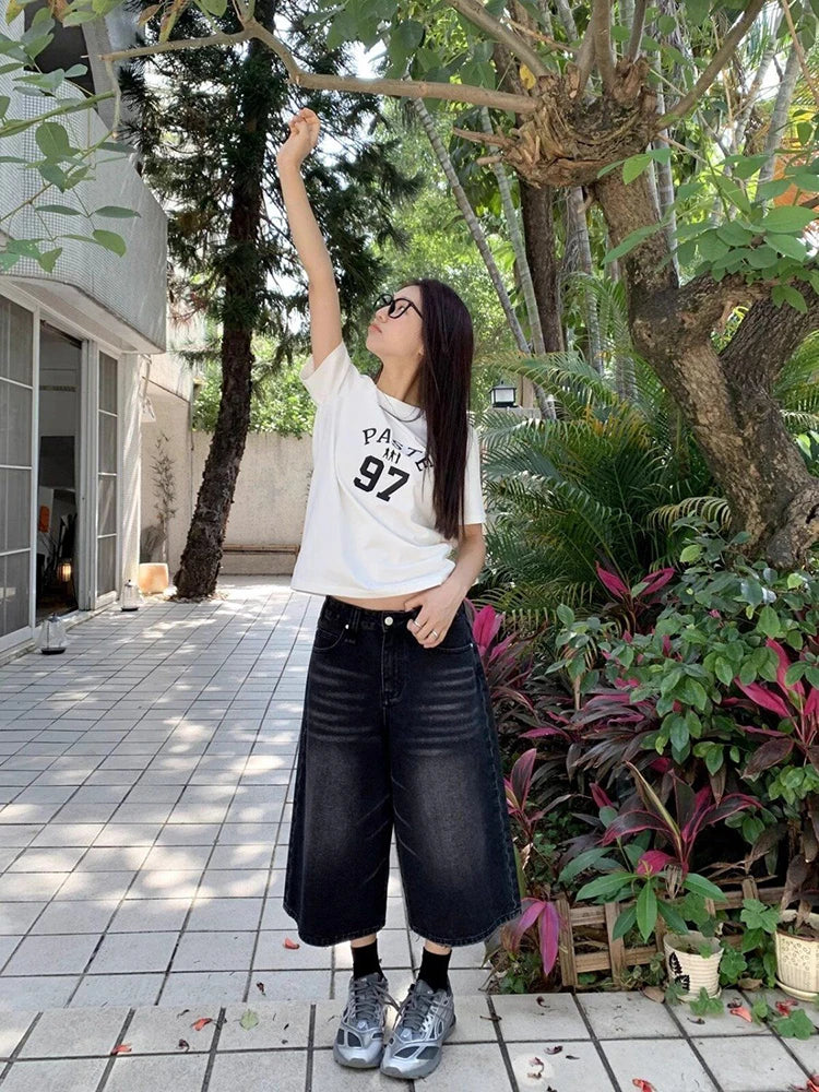 High Waist Black Retro Washed Denim Shorts Women's Harajuku Vintage Fashion Casual Loose Y2K Streetwear Mid Long Wide Leg Pants