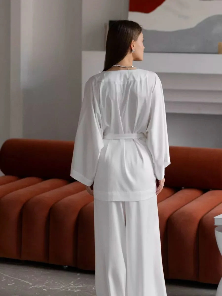 Mozuleva Solid Color Long Sleeved Pants Pajama 2-Piece Set Women's Autumn Winter Lace Up Nightgown Comfortable Home Clothing