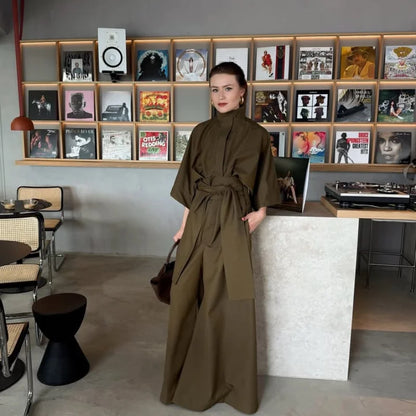 Linen Lace Up Women's Jumpsuit High V-neck Full Sleeve Top Loose Straight-leg Pants 2025 Summer Chic Female Casual Streetwear