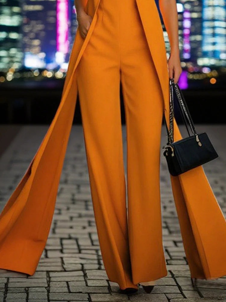 Beautyblue New Jumpsuits for Woman Fashion Solid Color Overalls Elegant Sleeveless High Waisted Pockets Orange Female Jumpsuit