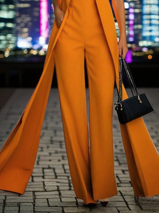 Beautyblue New Jumpsuits for Woman Fashion Solid Color Overalls Elegant Sleeveless High Waisted Pockets Orange Female Jumpsuit