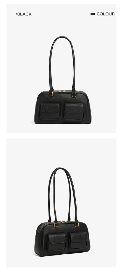 Burminsa Cowhide Genuine Leather Underarm Shoulder Bags For Women 2025 Luxury Designer Korean Bowling Tote Work Ladies Handbags