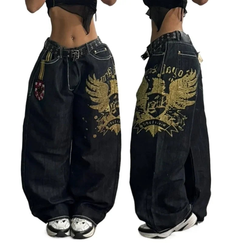 2000s Baggy Jeans Women New Harajuku Hip Hop Wing Print Oversized Jeans Gothic High Waist Wide Leg Pants Men Trousers Streetwear Badiee Stylez