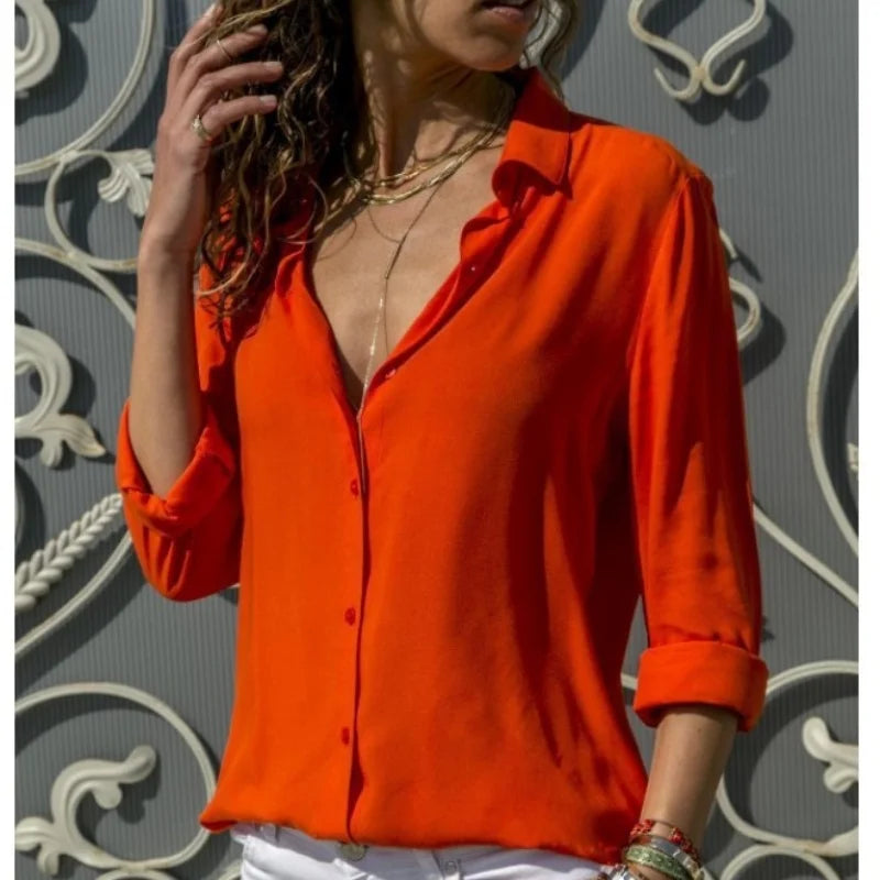 Women Elegant Solid Chiffon Blouse Spring Summer Casual Long Sleeve V Neck Loose Shirt Office Lady Tunics Oversized Tops 2023 ORANGE RED