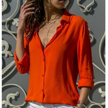 Women Elegant Solid Chiffon Blouse Spring Summer Casual Long Sleeve V Neck Loose Shirt Office Lady Tunics Oversized Tops 2023 ORANGE RED