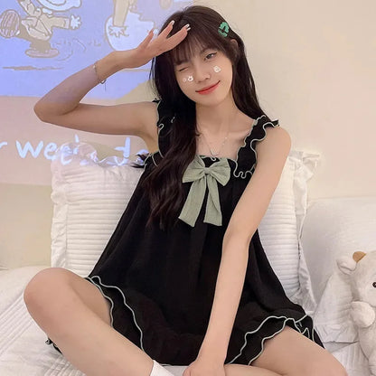 Pajamas Women Summer Sling Pajamas Homewear Set Sleeveless Shorts Simple Cute Ladies Student Pajamas Bubble Cotton Homewear Black8806