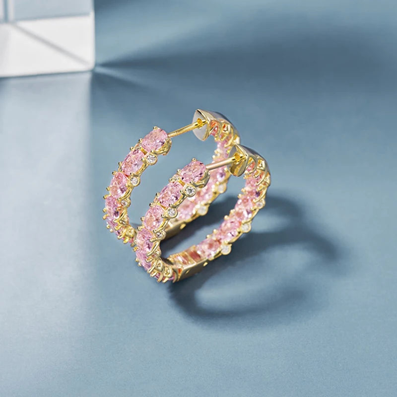 Huitan Luxury Trendy Pink/Green/Blue/Yellow CZ Hoop Earrings for Women Silver Color/Gold Color Hot Trendy Girls Jewelry Dropship