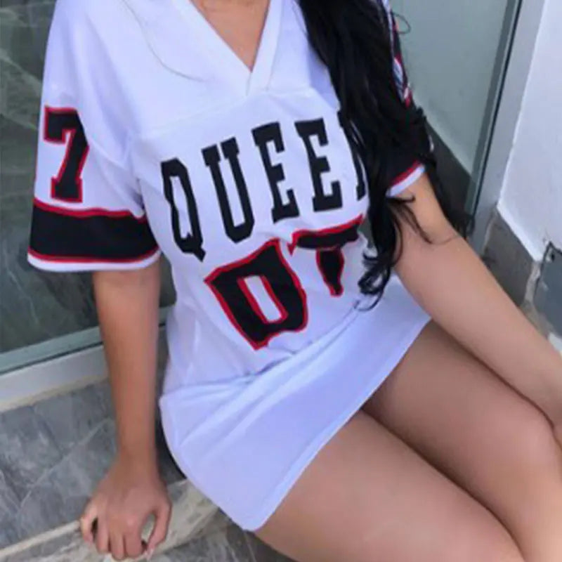 Fashion V-Neck Queen Letters Print Dress Short Sleeve Basketball Sporty Style Sexy Loose Female Clothing Streetwear Loungewear white 145-170