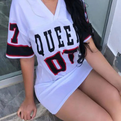 Fashion V-Neck Queen Letters Print Dress Short Sleeve Basketball Sporty Style Sexy Loose Female Clothing Streetwear Loungewear white 145-170