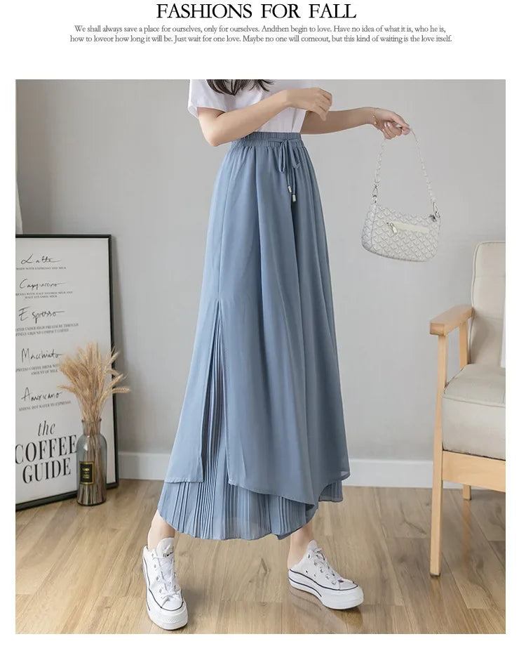 Women Pants Culottes Elastic Wide Leg Irregular Hem Double Layers Korean Trousers Summer Casual Loose Pleated Pants
