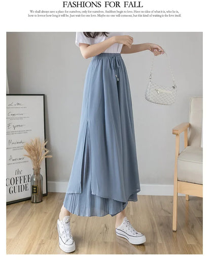 Women Pants Culottes Elastic Wide Leg Irregular Hem Double Layers Korean Trousers Summer Casual Loose Pleated Pants