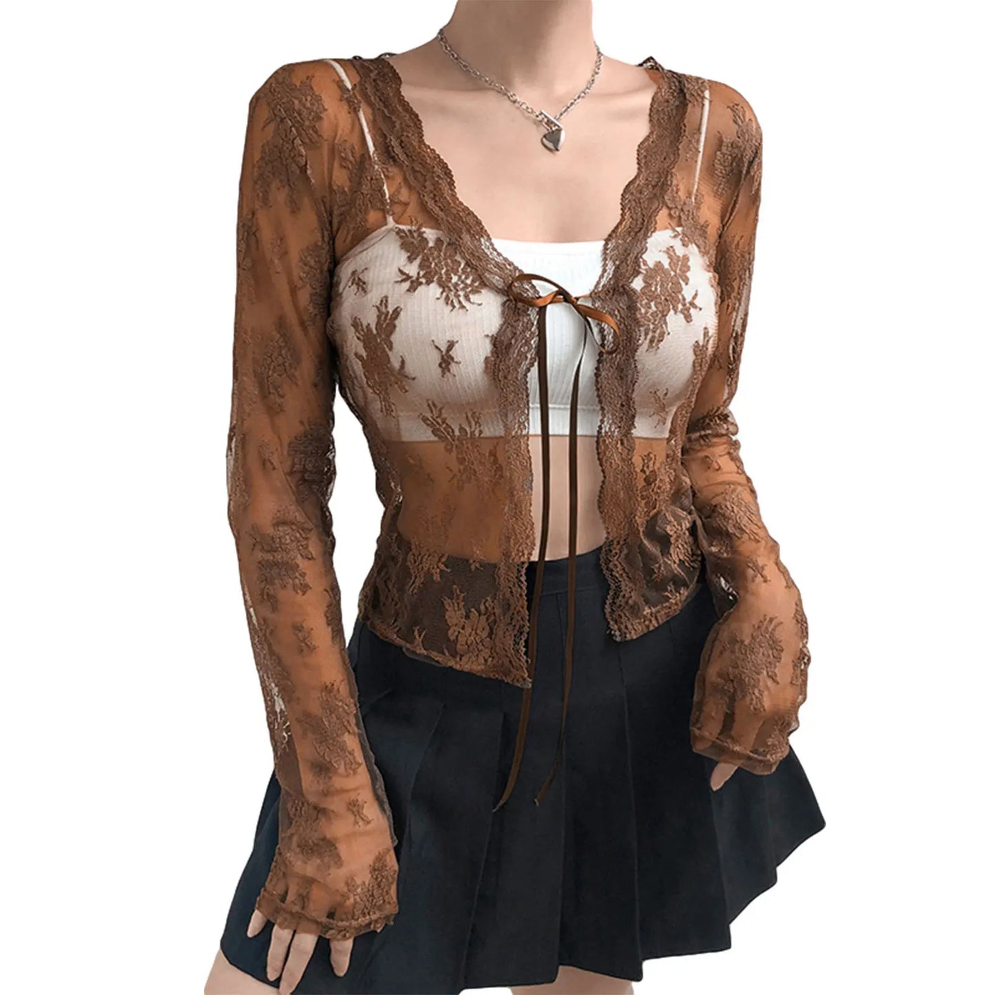 Women Sexy See Through Cardigans Y2K Long Sleeve Lace Mesh Lace Vintage Lace Tie Up Floral Crop Tops Streetwear Cardigans A-Brown