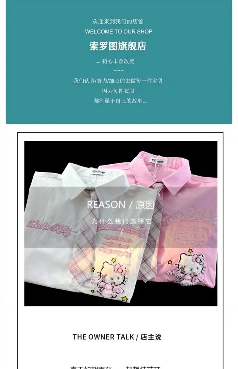 Hello Kitty Cute Short Sleeve Polo Shirts Women Sanrio Designer College Style Summer Blouse Korean Clothes Y2k New Fashion Tops